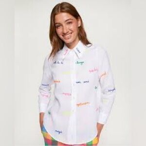 Desigual White Embroidered Script Button-Down Shirt -
